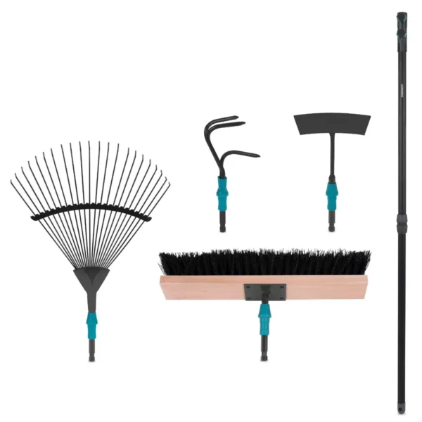 Gartengeräte Set 4-in-1: Laubrechen, Besen, Hacke und Grubber mit praktischem V-Fix-System – Bild 2